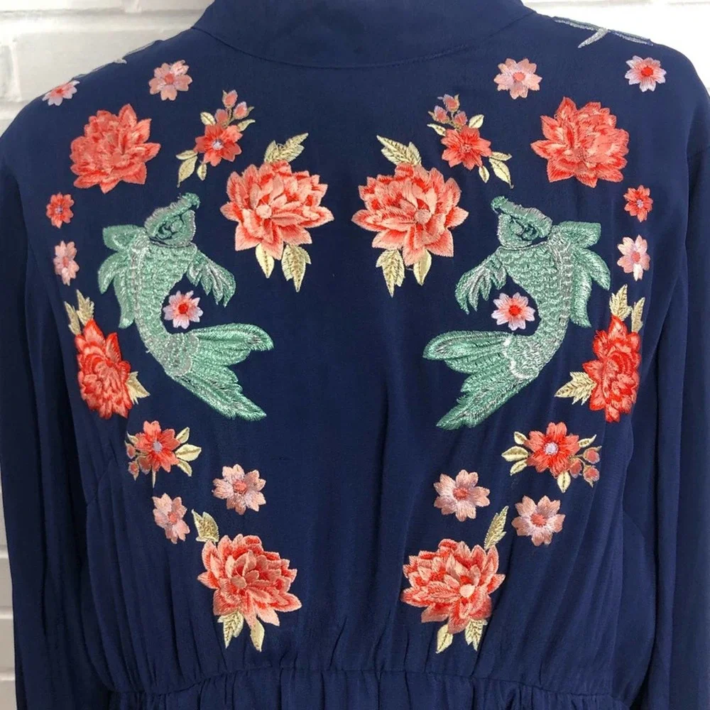 ASOS Boho Embroidered Dress Size 14 Navy Blue Long Sleeve Fit and Flare Modest - Picture 2 of 10